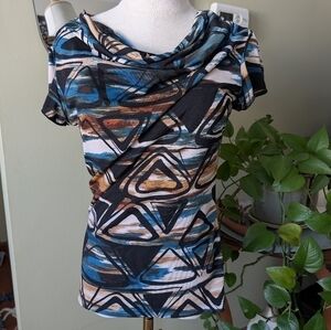 Susan Lawrence Women's Size Medium Multicolor Geometric Swoop Neck Top